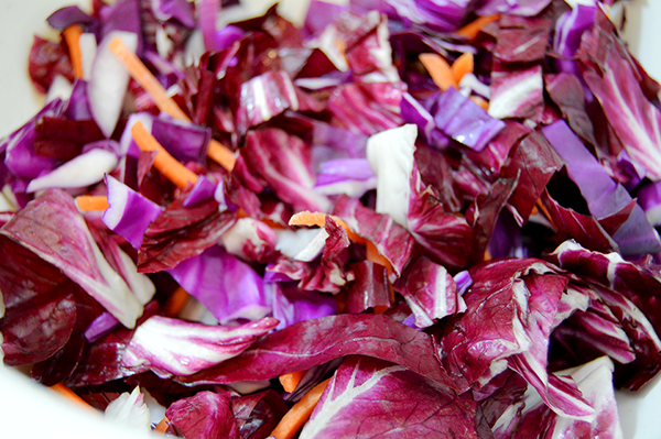 chopped red cabbage in a bowl