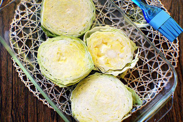 cabbage slices in roasting pan