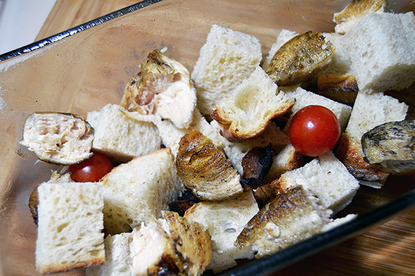 cubed bread in bread pan