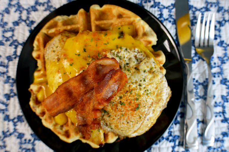 Maple Bacon Chicken Waffles with Hollandaise Sauce