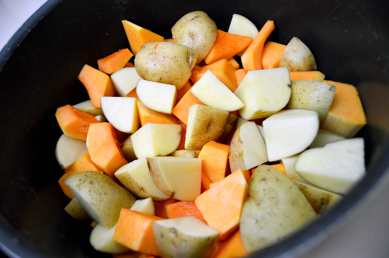 potatoes and squash in skillet