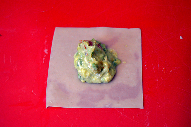 guacmole on a wonton wrapper