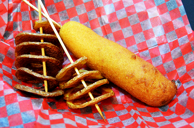 spiral potato and corn dog