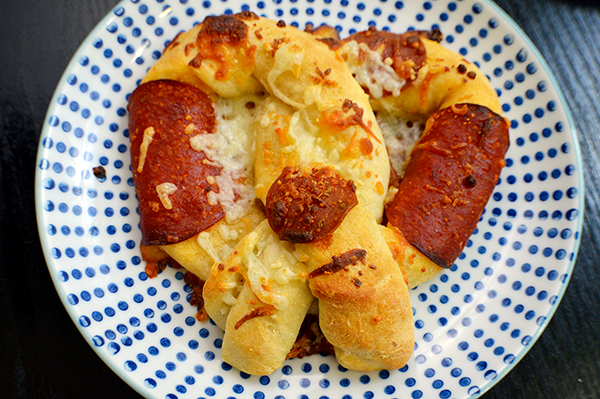 pizza pretzel with pepperonis
