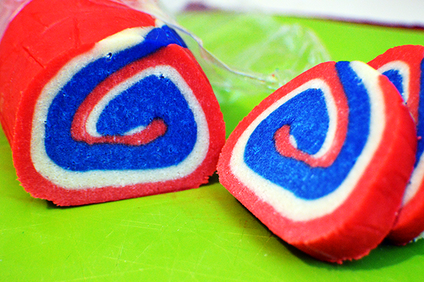 rolled red white and blue dough