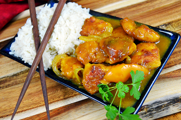 plated orange chicken