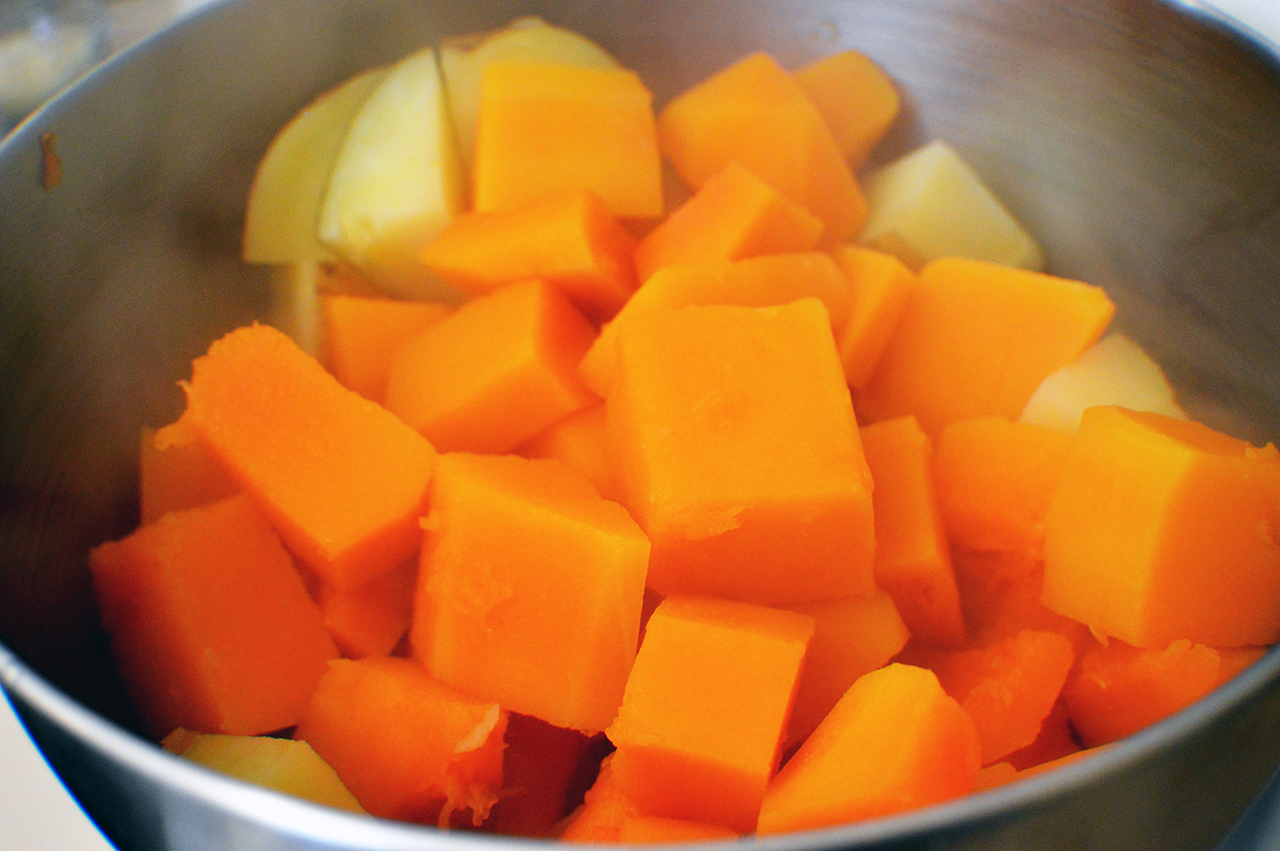 softened butternut squash and potatoes