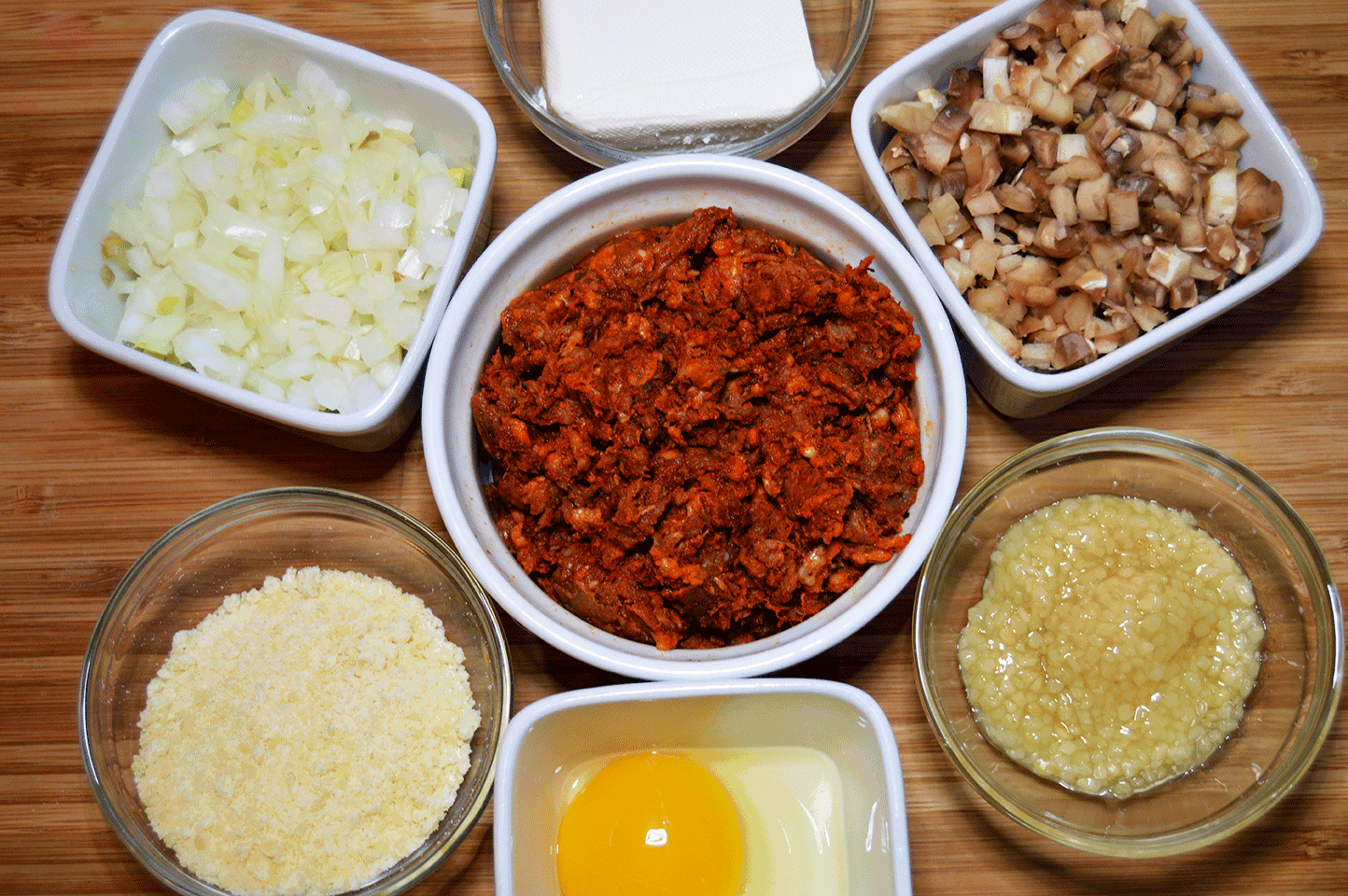 chorizo, onions, garlic, parmesan, and egg ingredients