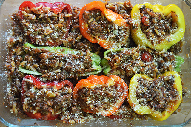 stuffed peppers in casserole dish