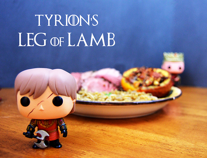 funko pops from Game of Thrones with leg of lamb