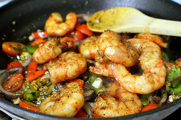 sauting shrimp and veggies