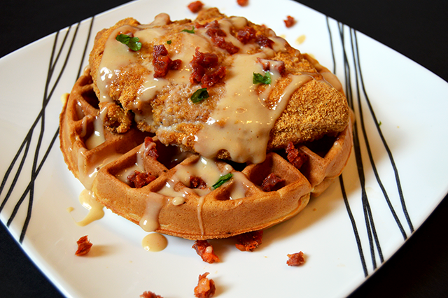 Soyrizo, Spinach Hash Brown Waffles with Sriracha Syrup