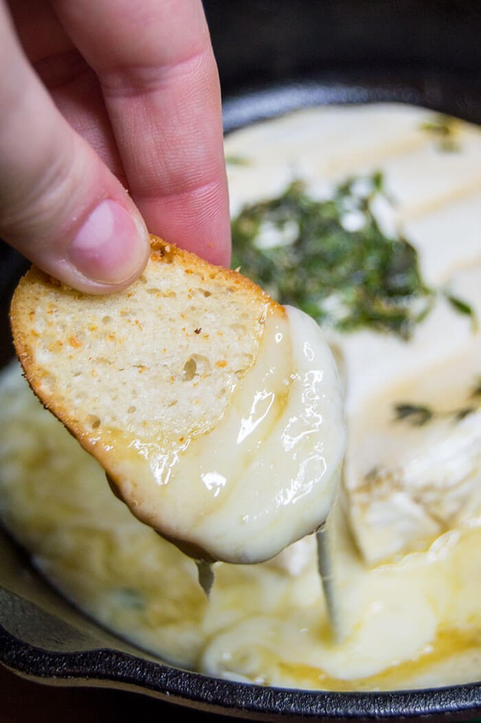 dipped crostini in brie