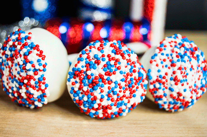 4th of july cake pop dessert with red white and blue sprinkles