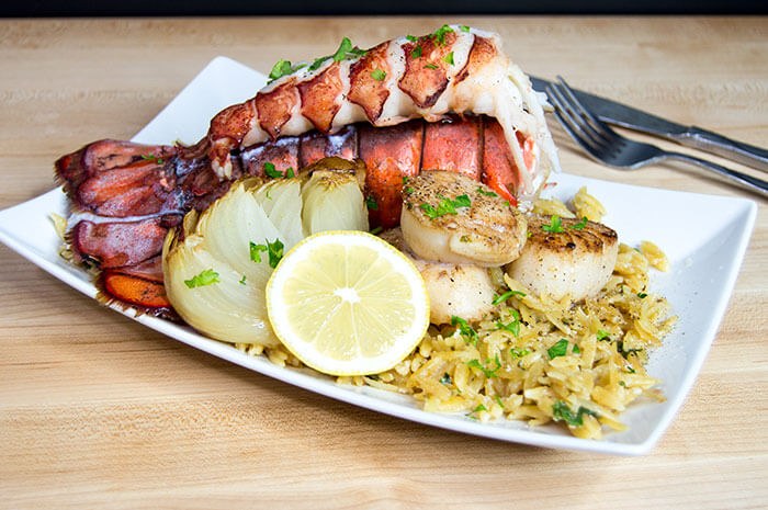 roasted onion and garlic lobster and scallops