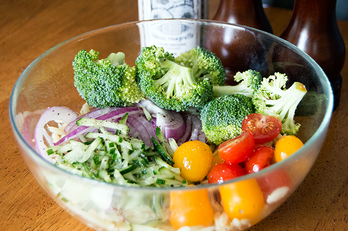 fresh veggies in orzo salad