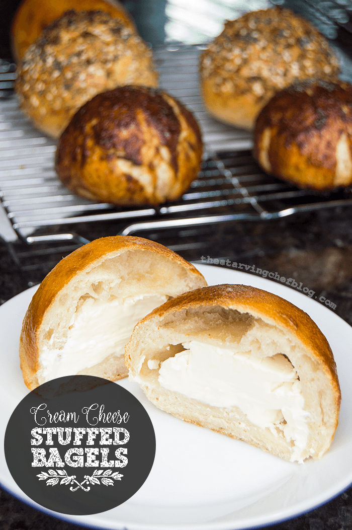 sliced stuffed bagel filled with cream cheese