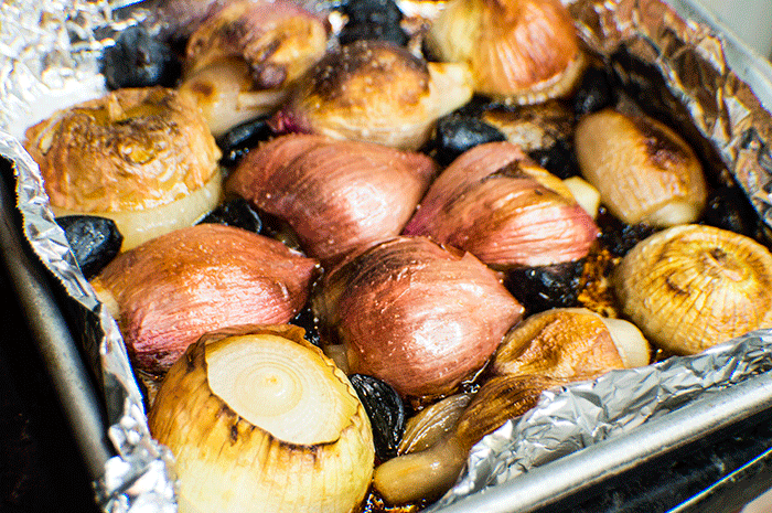 broiling shallots and black garlic