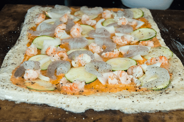 shrimp and zucchini on pizza