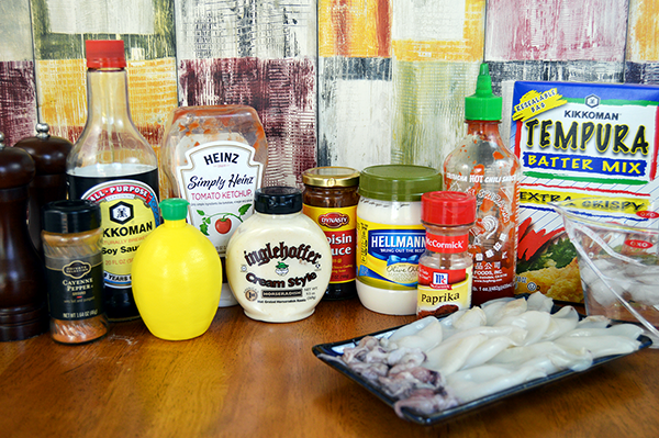 ingredients for tempura squid and sauces