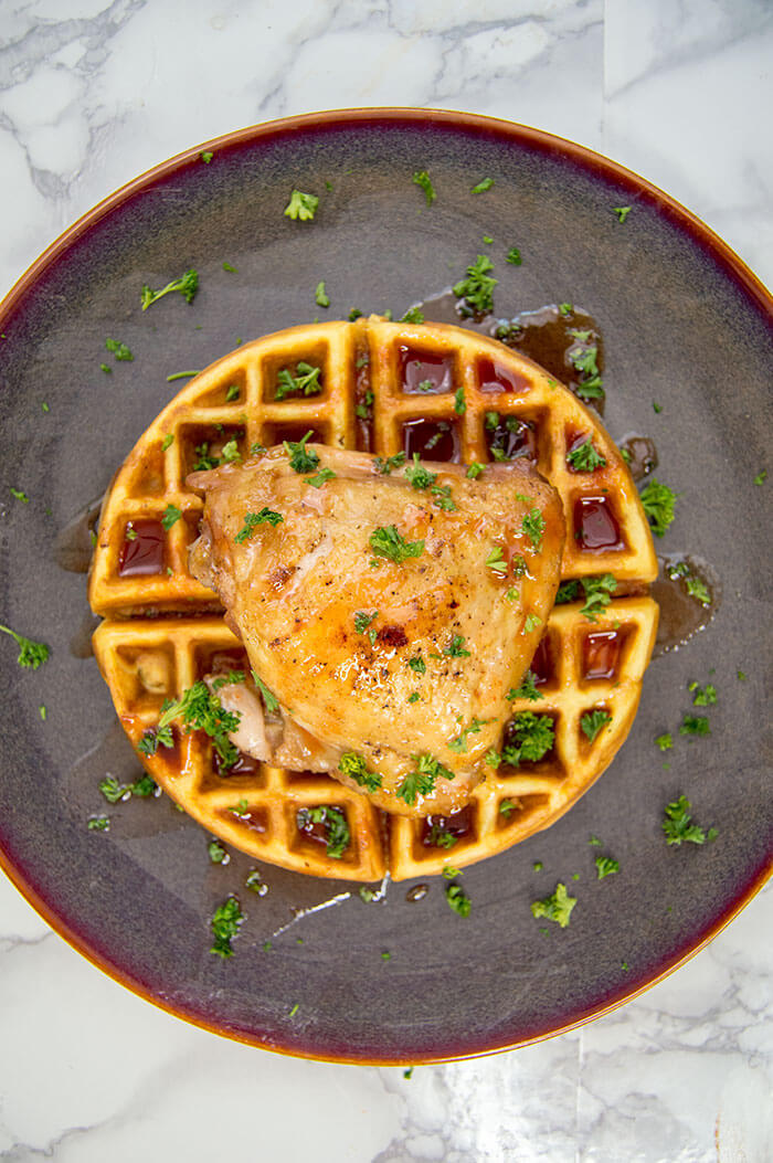 Soyrizo, Spinach Hash Brown Waffles with Sriracha Syrup