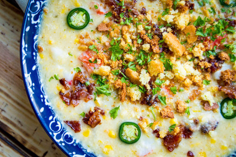Crab Corn Chowder with Candied Bacon
