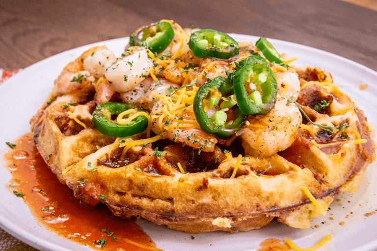 Shrimp ‘N’ Cheddar Biscuit Waffles