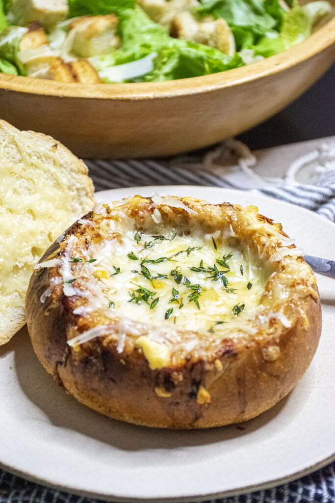 homemade french onion soup in bread bowls