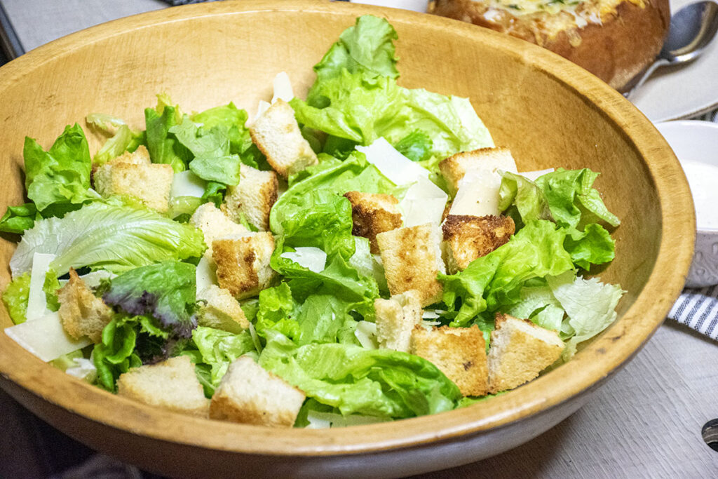 homemade croutons from insides of bread bowls