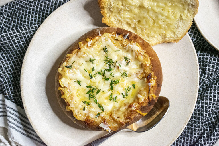 Rustic French Onion Soup Bread Bowls (+ Homemade Croutons & Side Salad!)