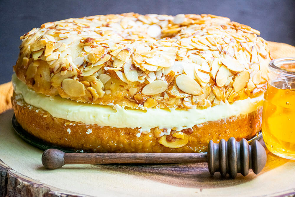 custard cake center with honey and almonds