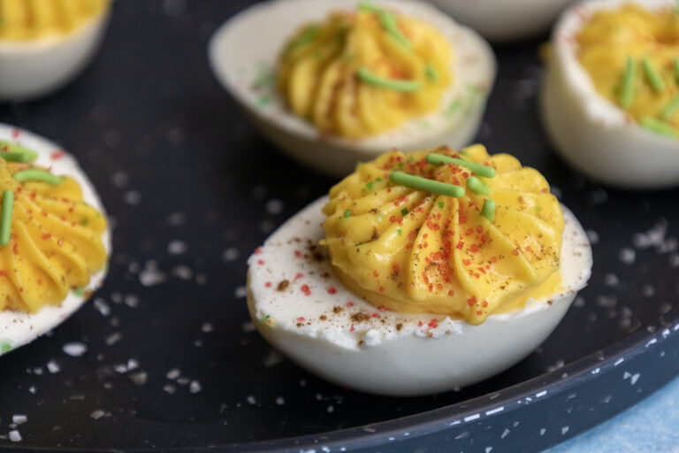 April Fools’ Day Deviled Eggs – SURPRISE! It’s actually a Mango Passionfruit Panna Cotta Cheesecake