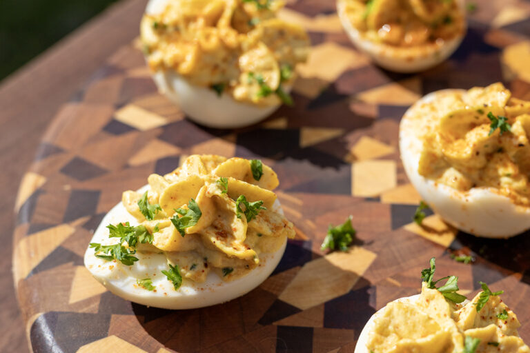 Smoked BBQ Deviled Eggs with Candied Jalapenos